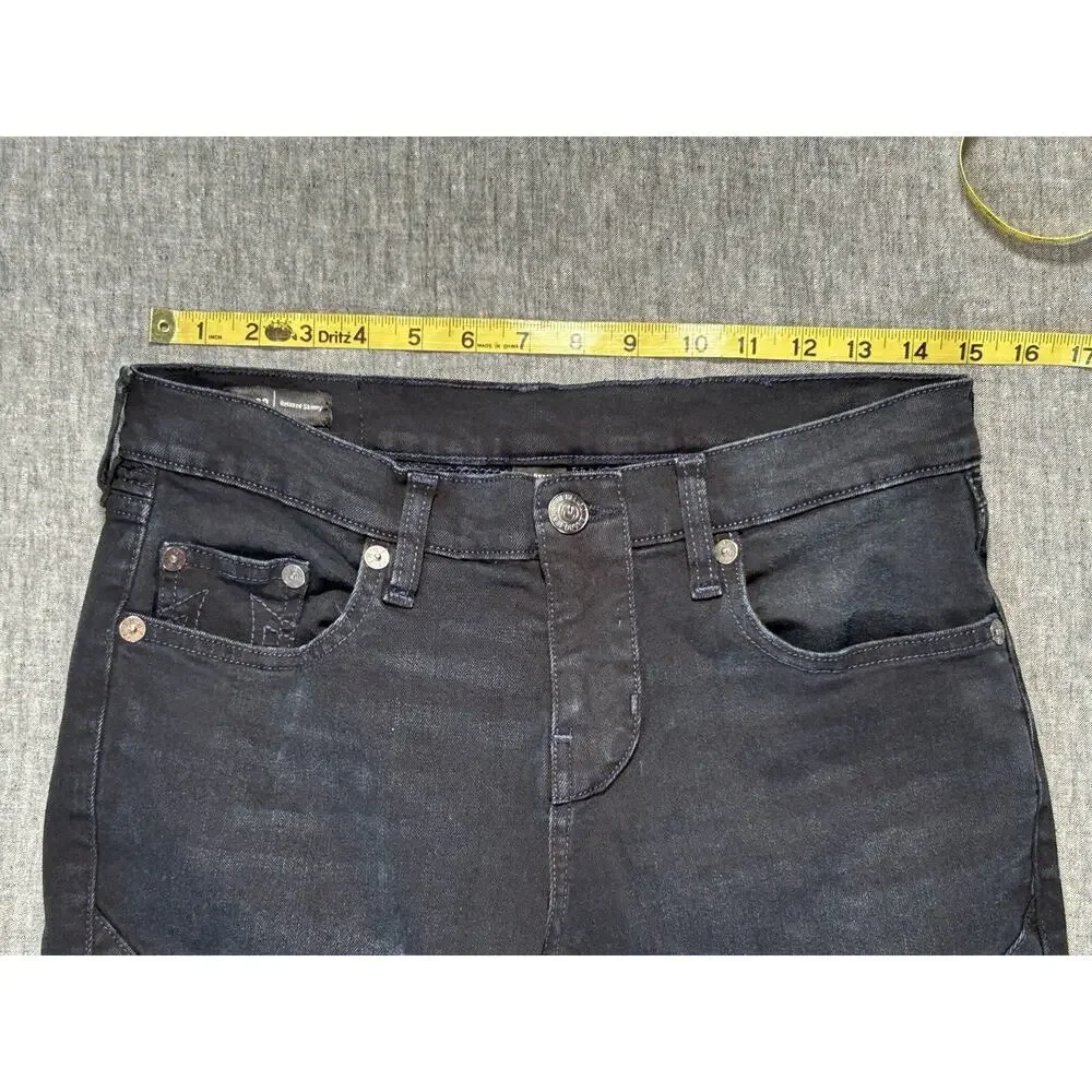True Religion Rocco Moto Jeans Mens 28x34 Black Faded Relaxed Skinny Stretch